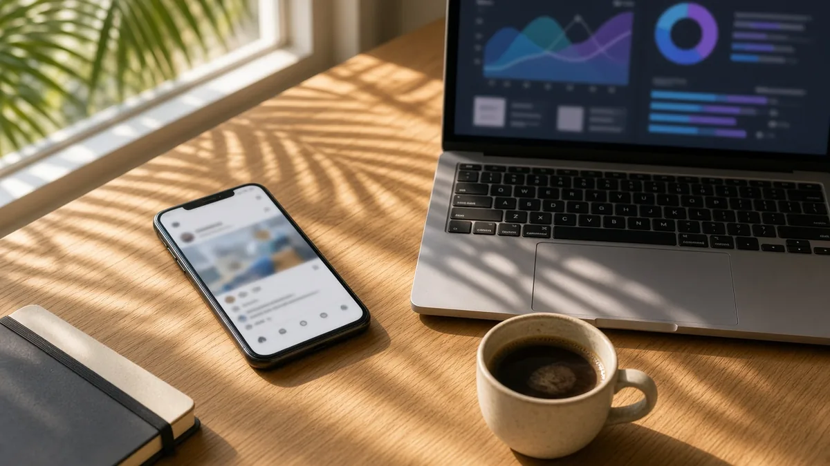 Phone showing a Facebook Boost Post button next to a laptop with Meta Ads Manager