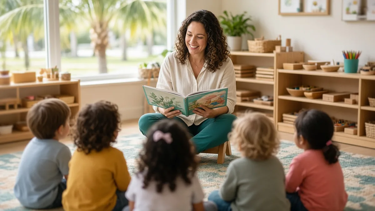 Preschool teacher reading to children in a bright Treasure Coast classroom