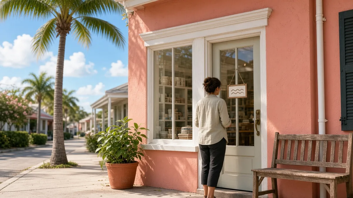 Treasure Coast small business storefront with a simple open-hours sign before storm season