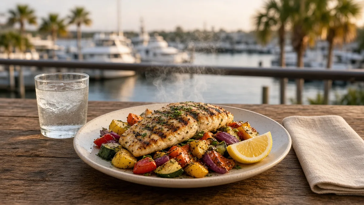 Plated dinner special on a table at a waterfront-style restaurant on Florida's Treasure Coast