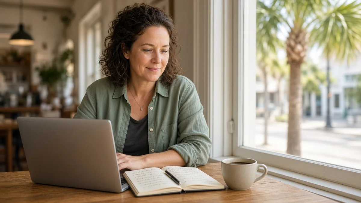 Local business owner reviewing Facebook ad results over coffee in Stuart, Florida