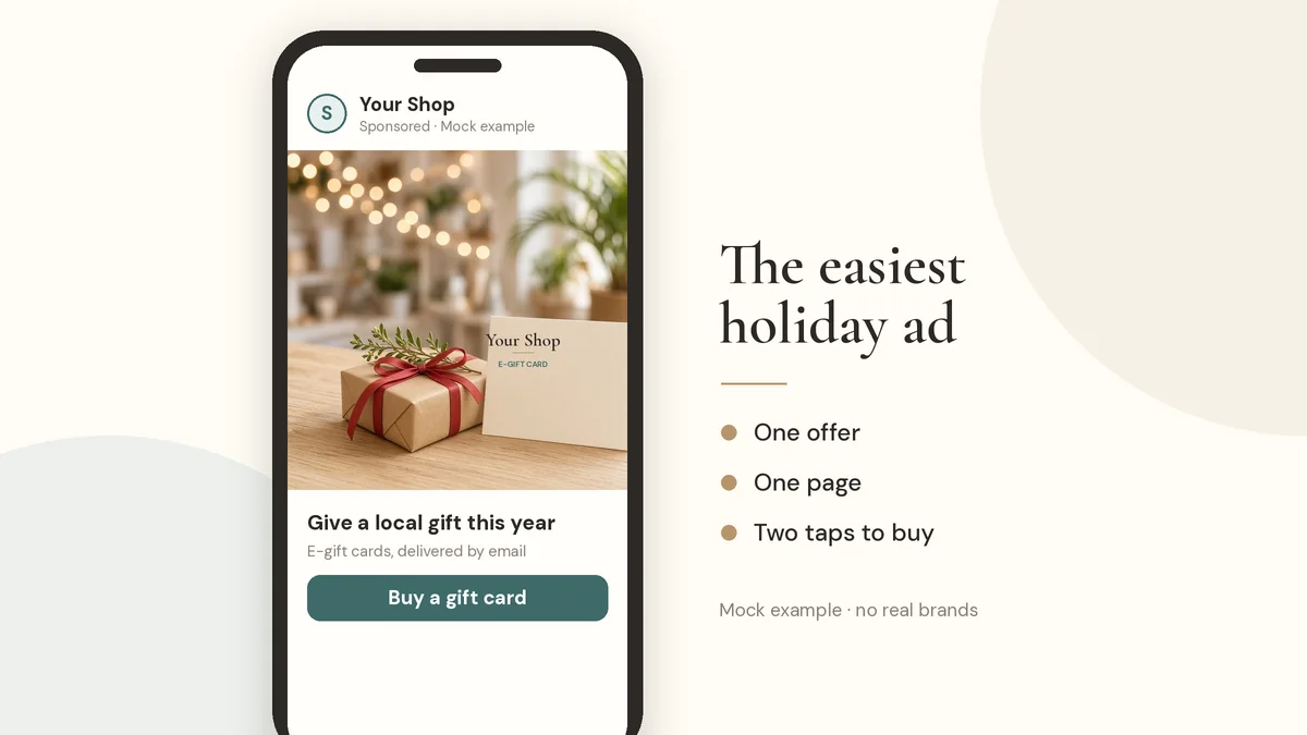 Phone screen showing a mock Instagram ad for a local business e-gift card