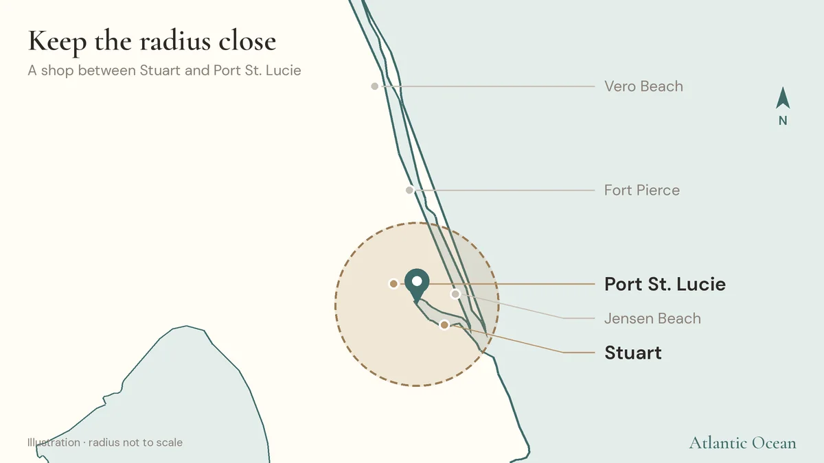 Map showing a local ad radius around a shop between Stuart and Port St. Lucie