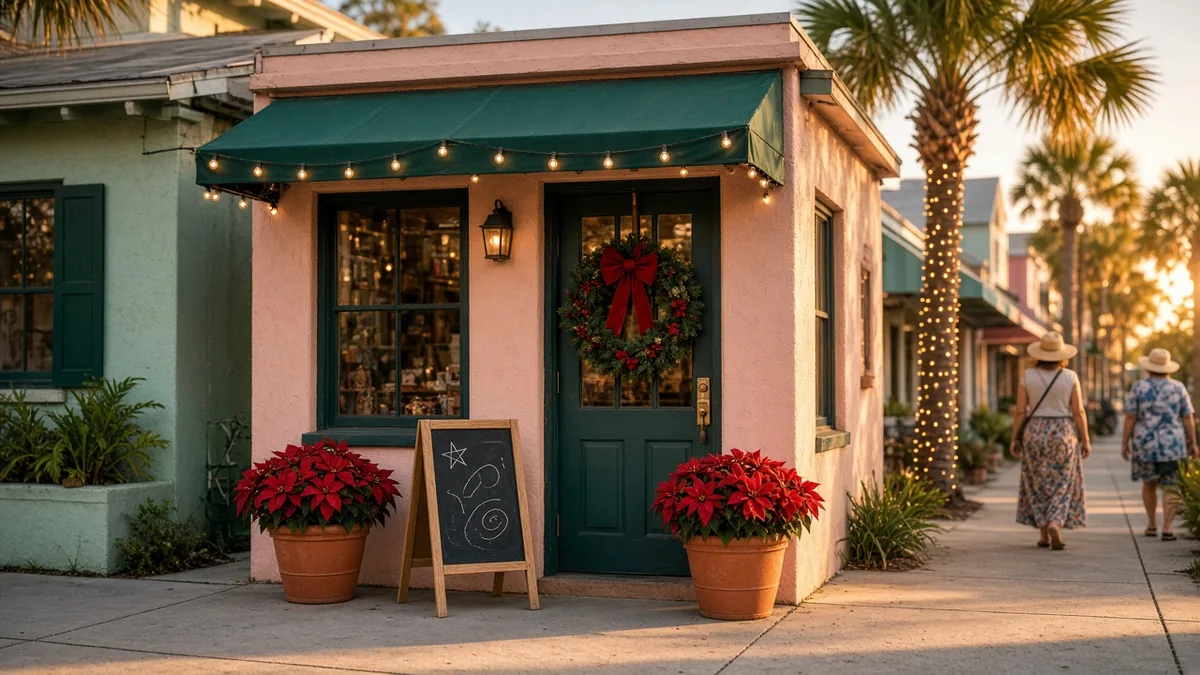 Small shop on Florida's Treasure Coast decorated for the holidays with a wreath, string lights and poinsettias