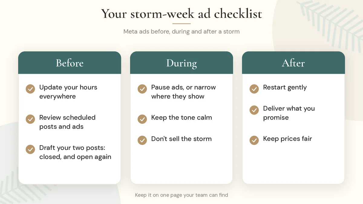 Checklist for Meta ads before, during, and after hurricane season on Florida's Treasure Coast