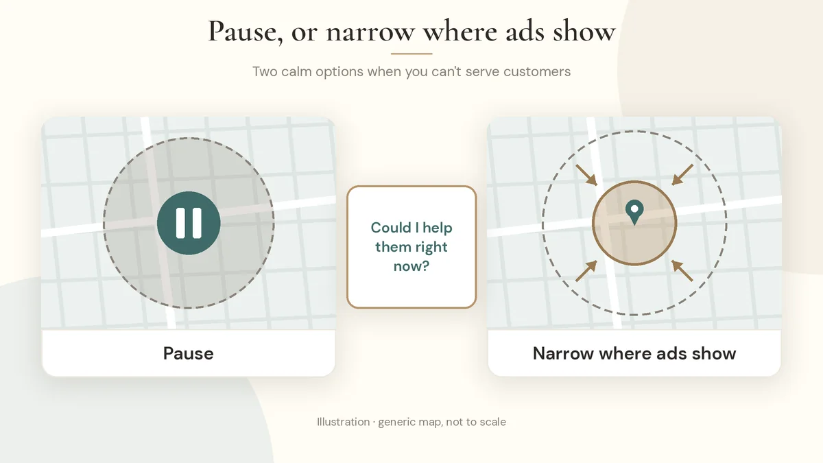 Diagram showing pausing ads or narrowing geo targeting during a storm