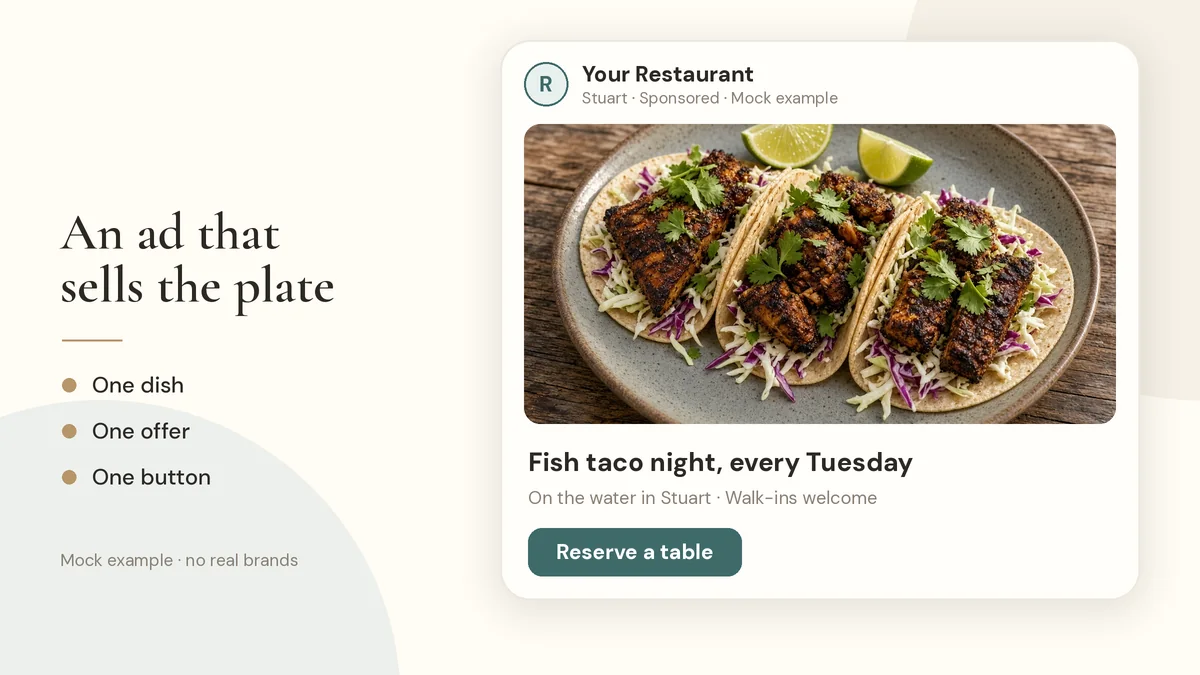 Mock Facebook ad featuring a food photo and a weeknight special offer