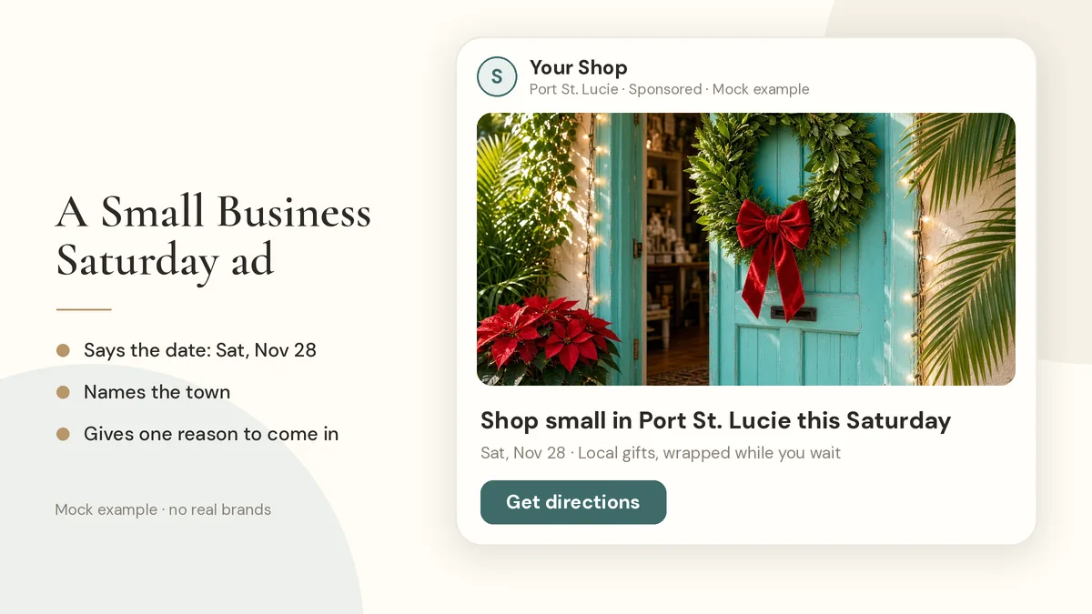 Mock Facebook ad inviting locals to shop small on Small Business Saturday in Port St. Lucie