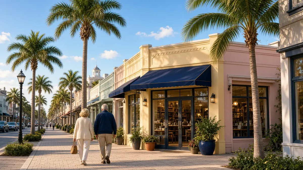 Sunny Treasure Coast street in winter season with a small-business storefront