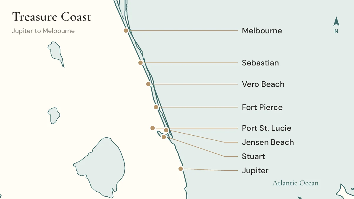 Map of Florida's Treasure Coast from Jupiter to Melbourne
