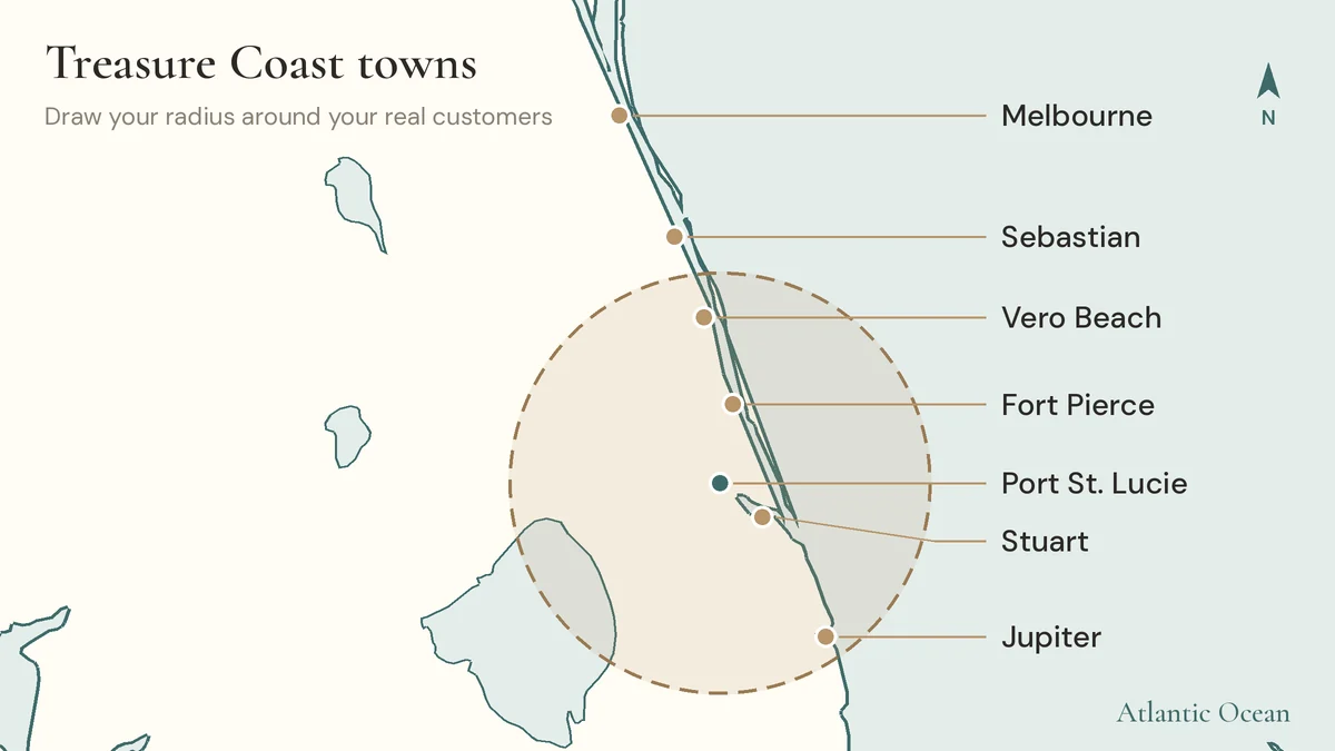 Map of Treasure Coast towns from Jupiter to Melbourne for local ad targeting